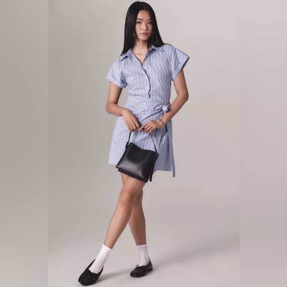 NWT! Anthropologie Blue Pattern Mave Button-Front Wrap Mini Shirt Dress🟡 - Picture 3 of 5